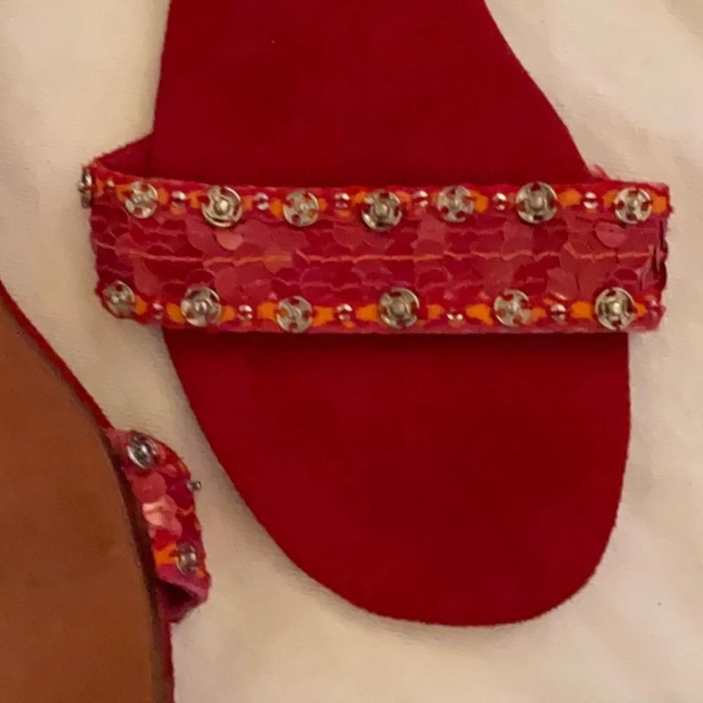 Jorando NEW red suede sandals EU 40, 9.5-10, sequins and beads UNIQUE - Picture 5 of 7